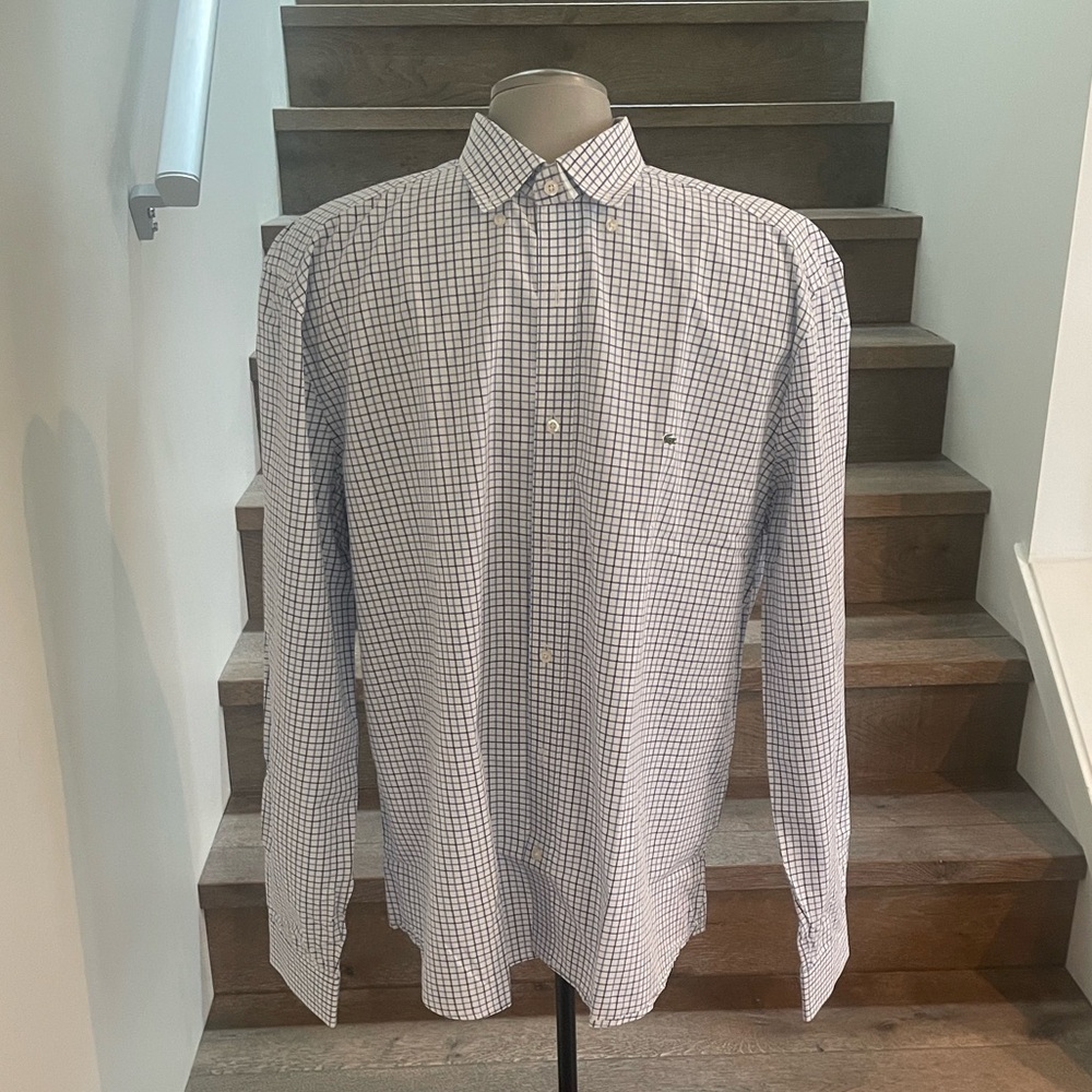Lacoste White and Light Blue Windowpane Button-Down Shirt